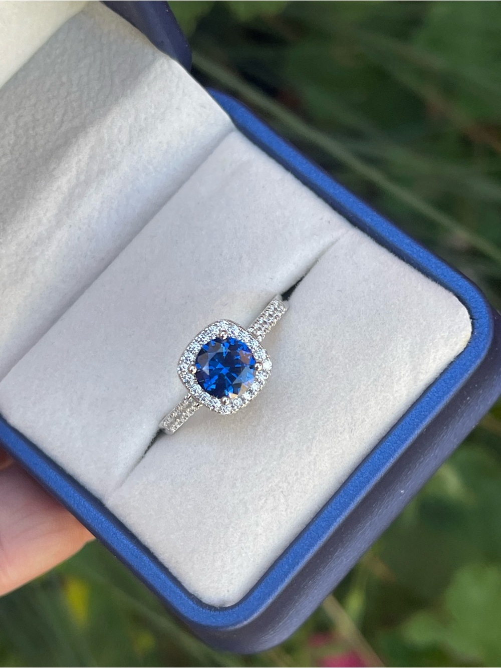 Tanzanite Blue Halo Sterling Silver Pave Ring with matching ring box
